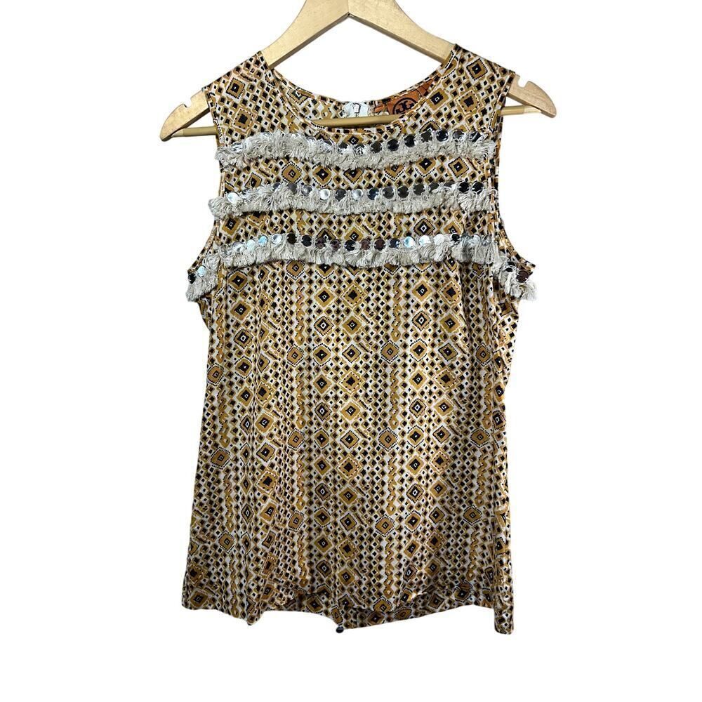 TORY BURCH Women's Cotton Beaded Fringe Sleeveless Blouse Yellow/Black Size 4